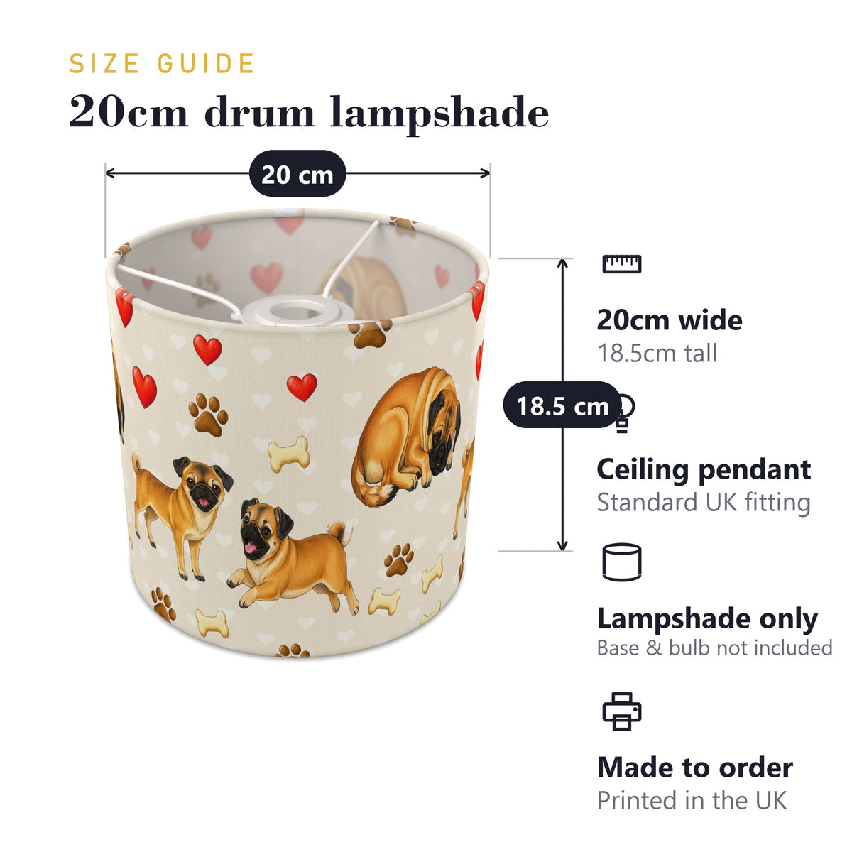 Cream Pug Love lampshade - 20cm x 18.5cm Ceiling - photo 7