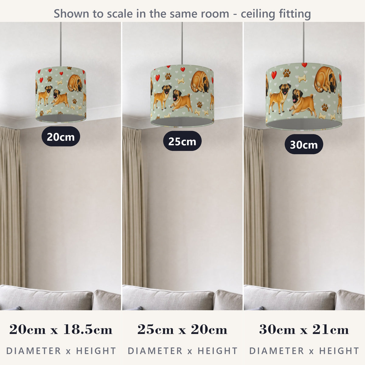 Sage Pug Love lampshade - 20cm x 18.5cm Ceiling - photo 4