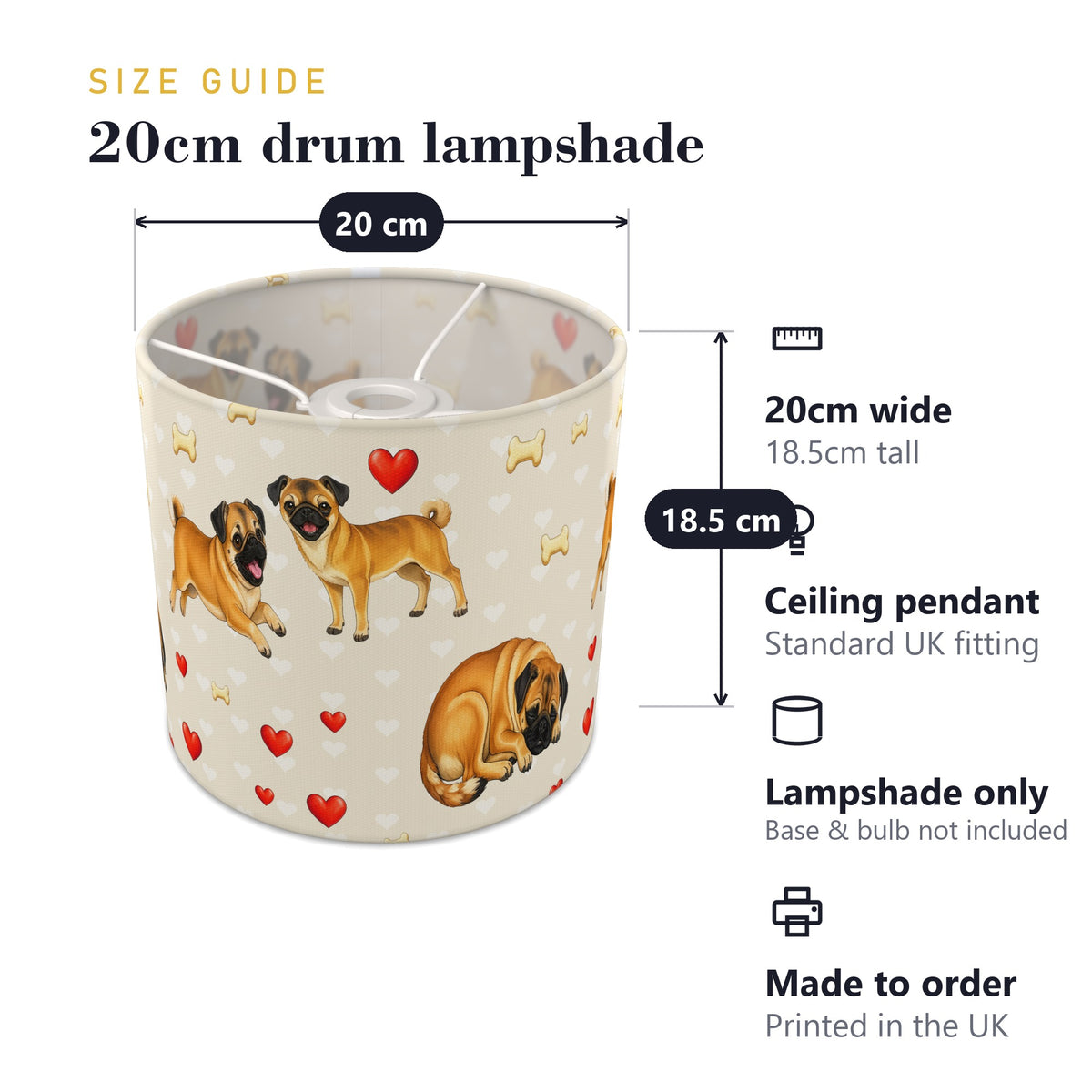 Cream Pug Love II lampshade - 20cm x 18.5cm Ceiling - photo 7