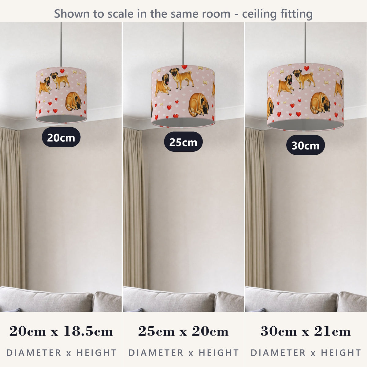 Blush Pug Love II lampshade - 20cm x 18.5cm Ceiling - photo 4