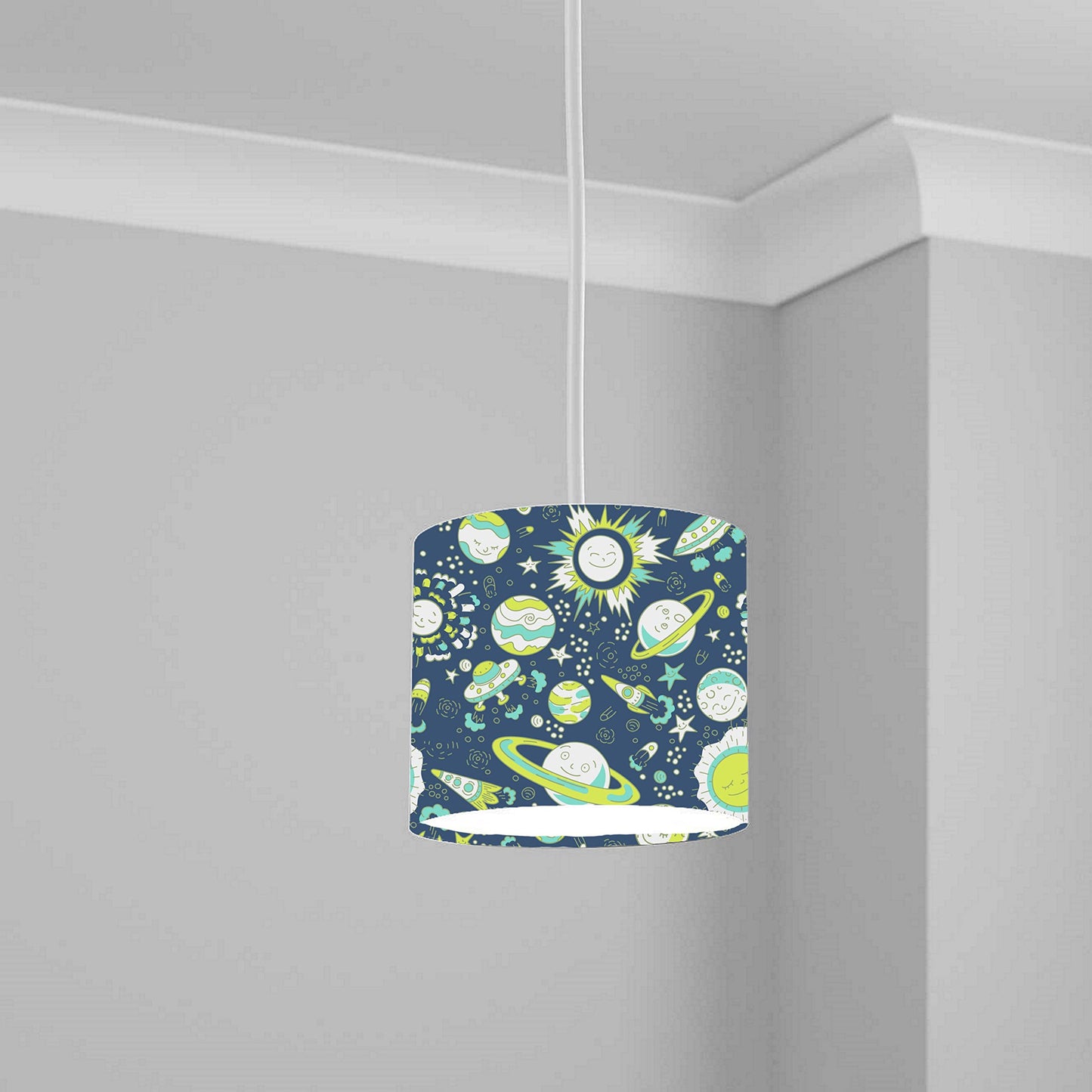 Green Space Rocket and Planet Ceiling Lampshade Lightshade for Nursery - 20cm x 18.5cm