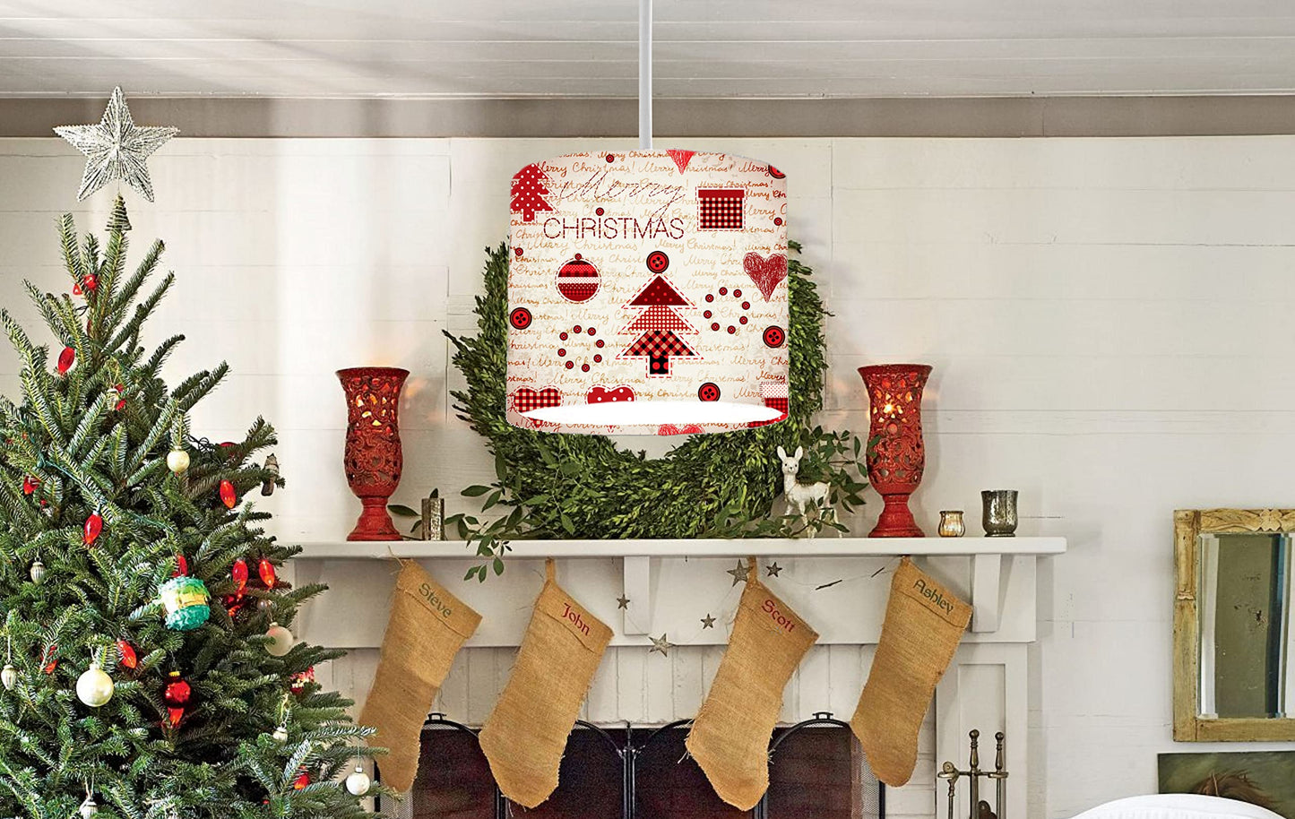Festive Red Christmas Tree Print Ceiling Lampshade Lightshade for Room - 20cm x 18.5cm