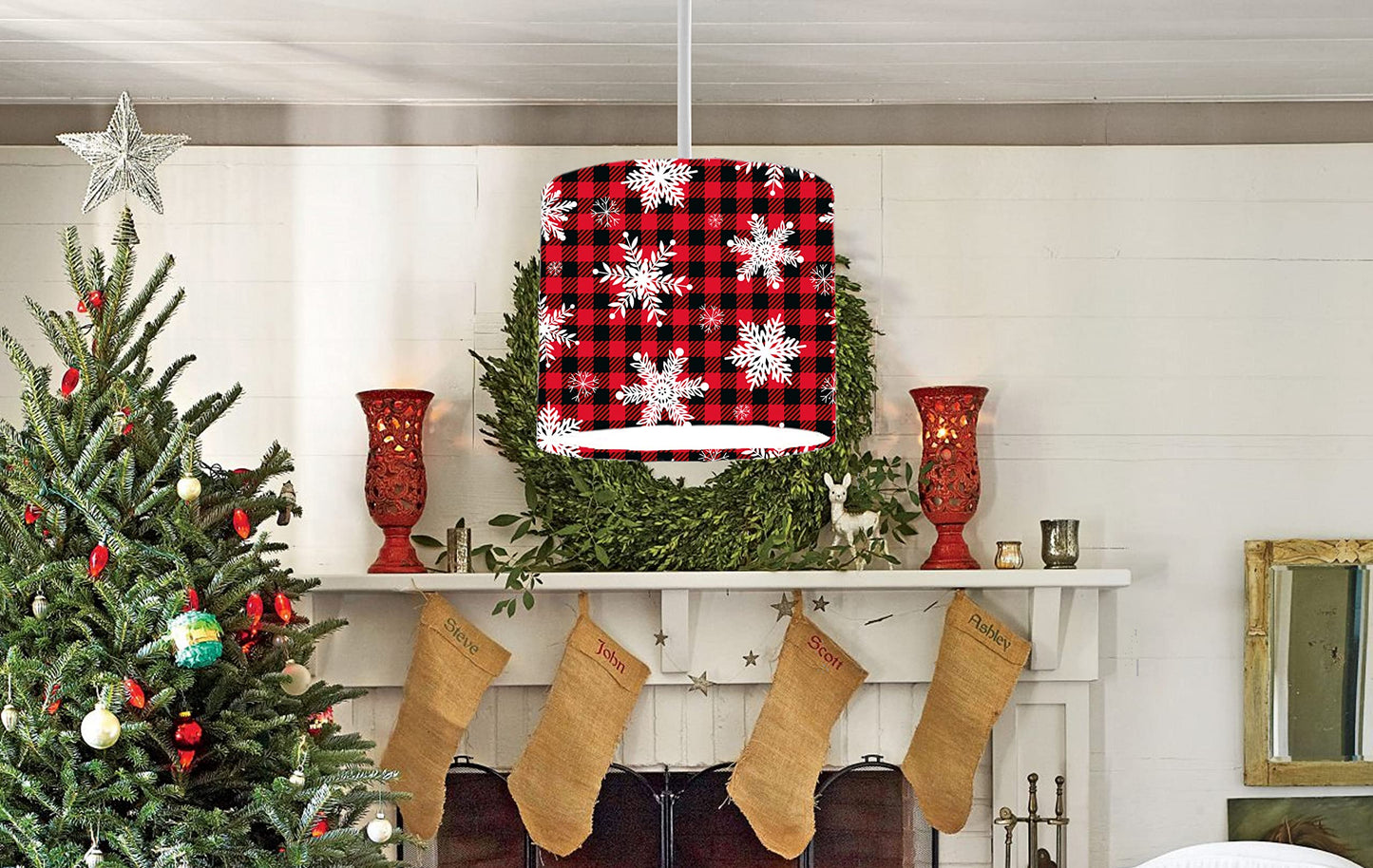 Red Plaid Christmas Snowflake Ceiling Lampshade Lightshade for Room - 20cm x 18.5cm