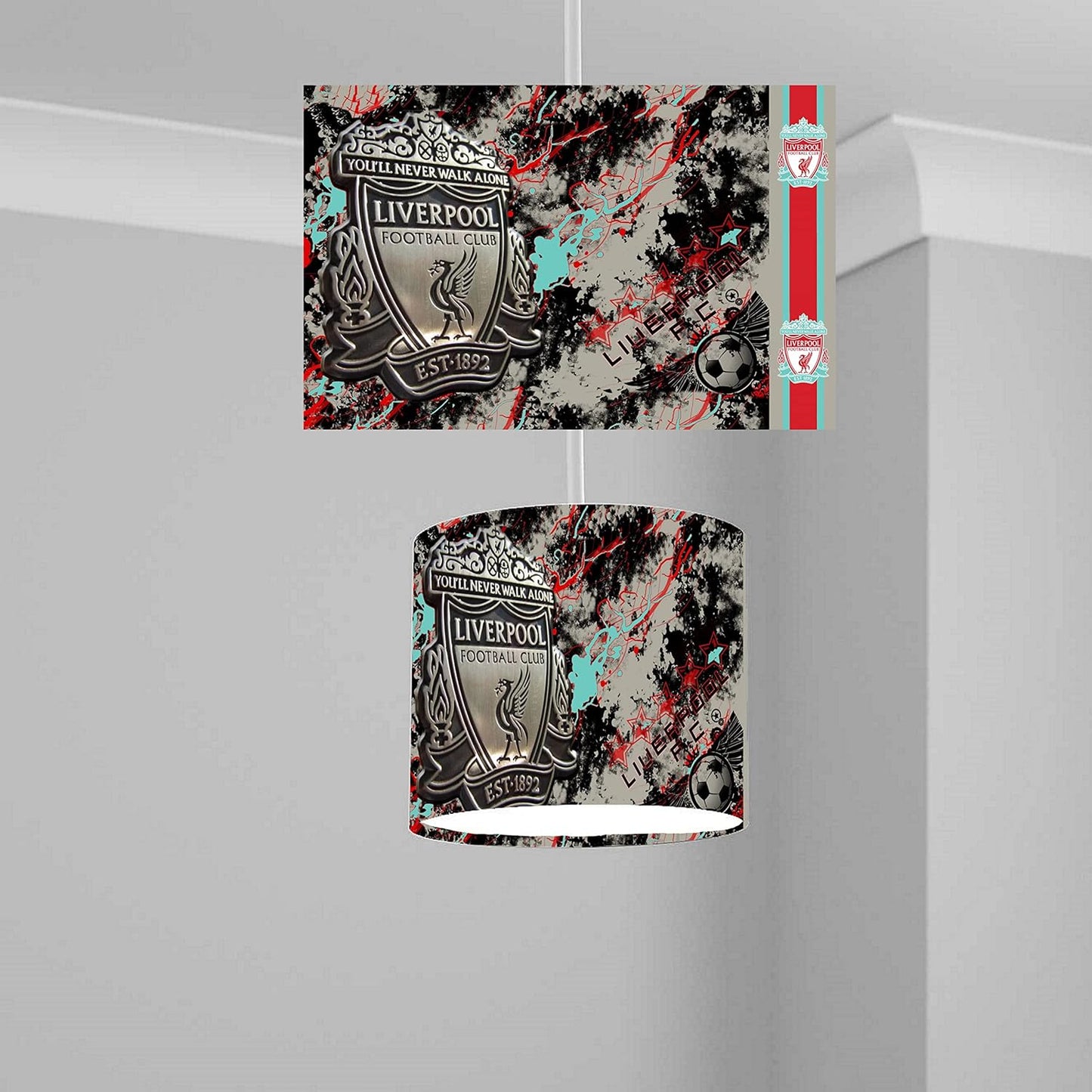 Liverpool Badge Lampshade, 20CM X 18.5CM, Black with Multi Design, Red and White Shade, Gloss Fabric, Metal Frame, Drum Shape, Ceiling Mount