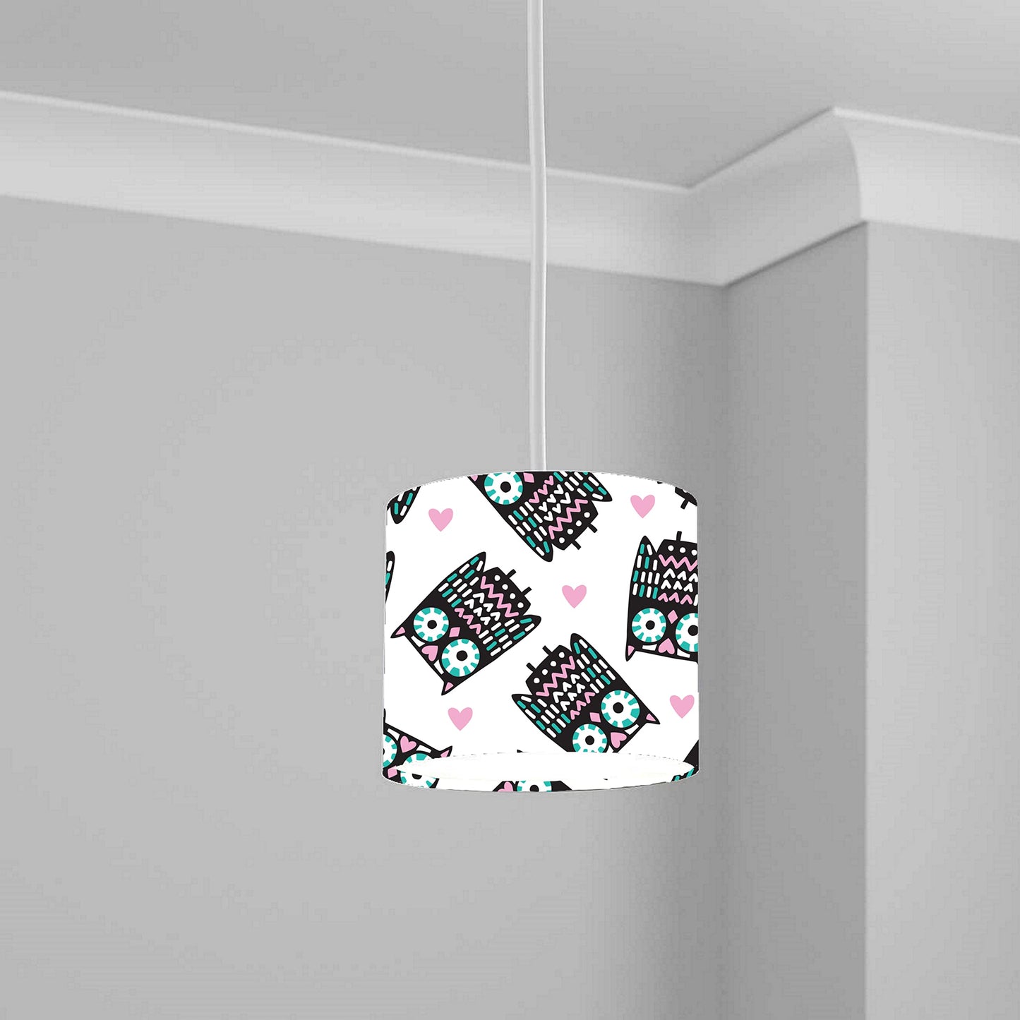 Pink and Teal Owl Heart Pattern Ceiling Lampshade Lightshade for Nursery - 20cm x 18.5cm