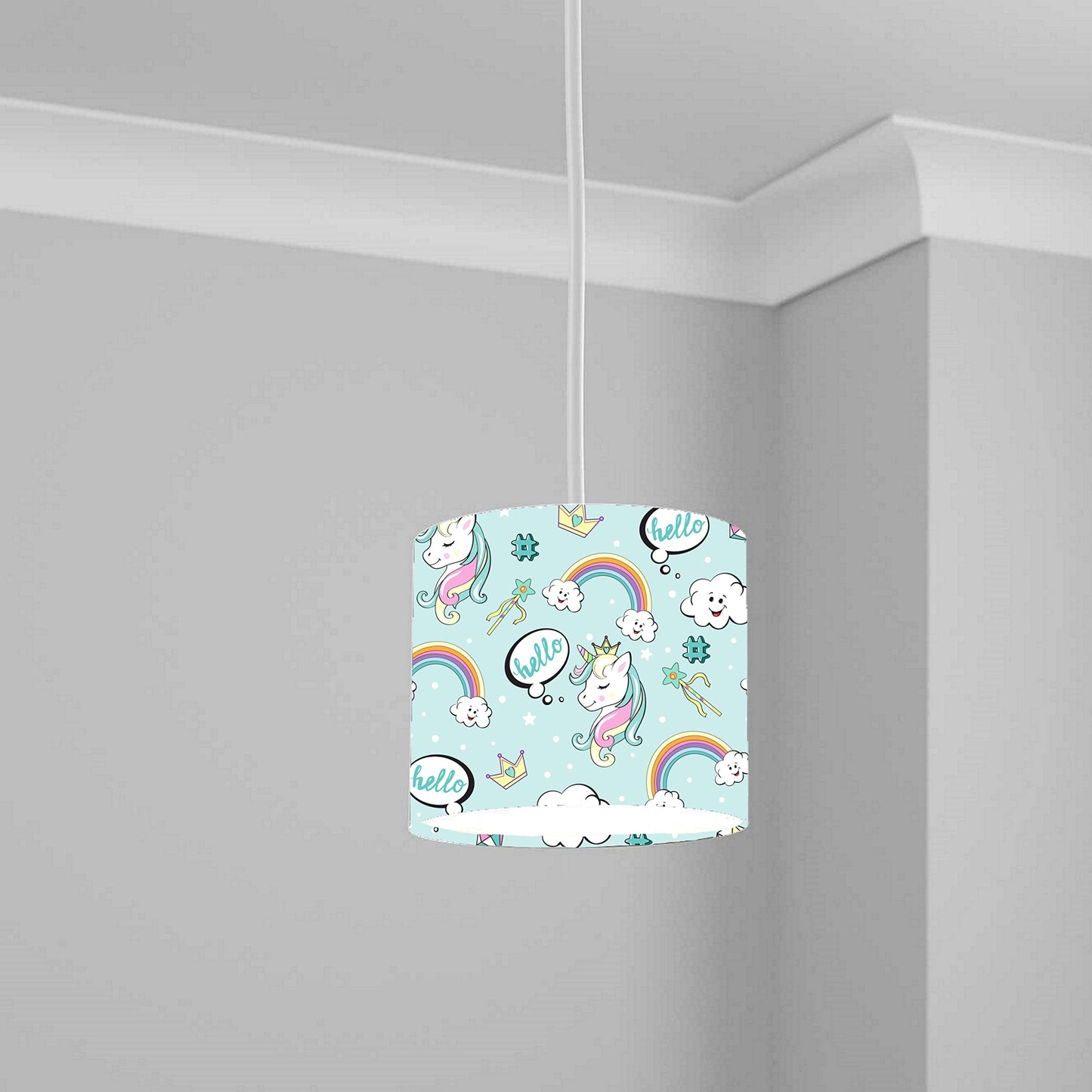 Whimsical Unicorn and Rainbow Ceiling Lampshade Lightshade for Kids Room - Green 20cm x 18.5cm
