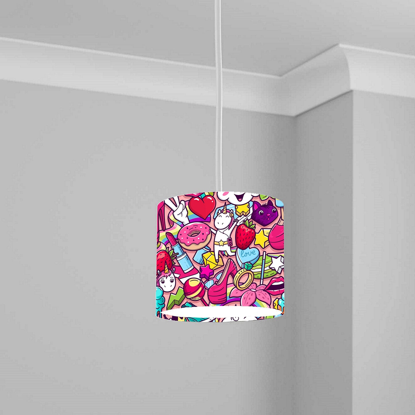 Unicorn and Hearts Ceiling Lampshade Lightshade for Kids Room - Vibrant Pink and Purple Design 20cm x 18.5cm