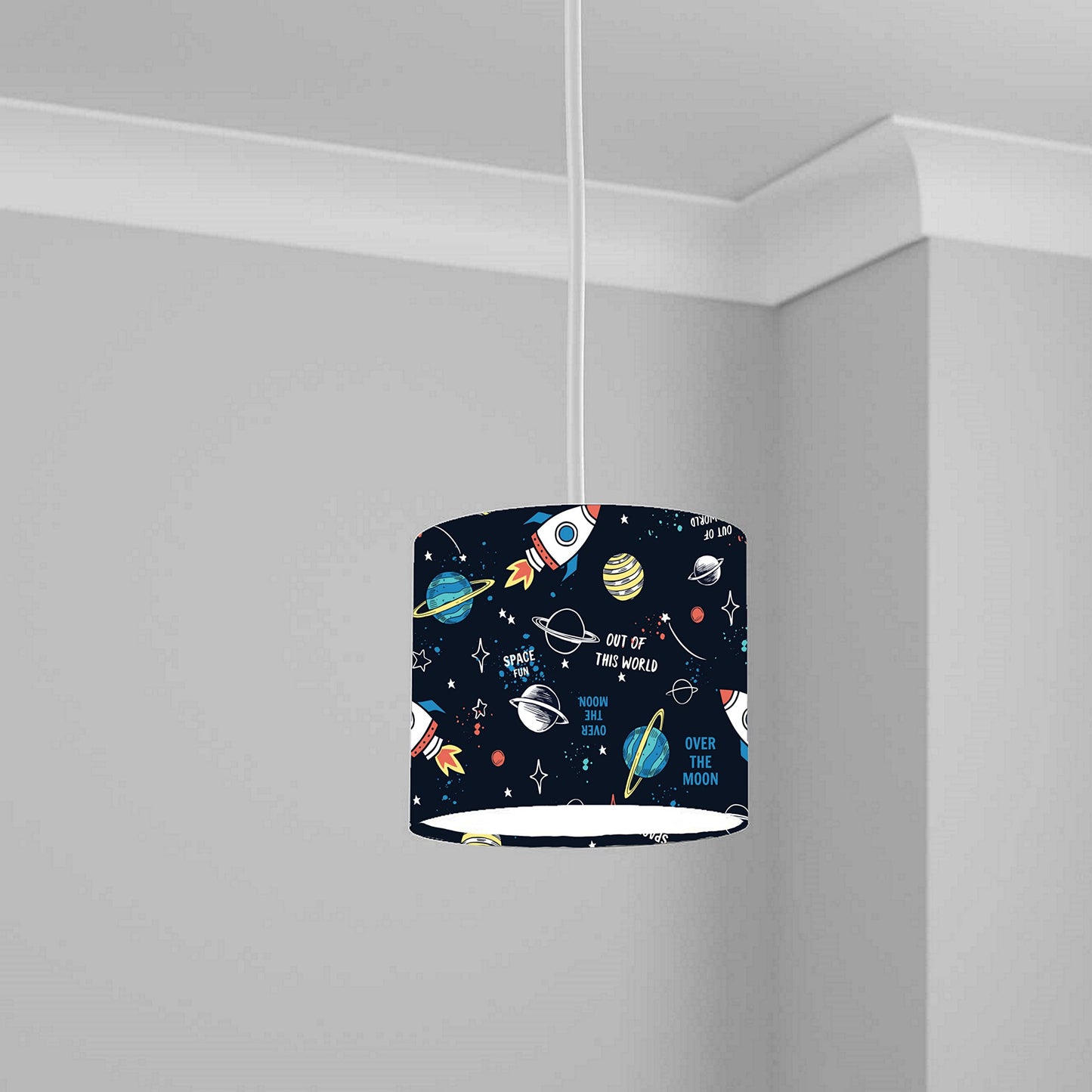 Space Adventure Rocket and Planets Ceiling Lampshade Lightshade for Nursery - 20cm x 18.5cm