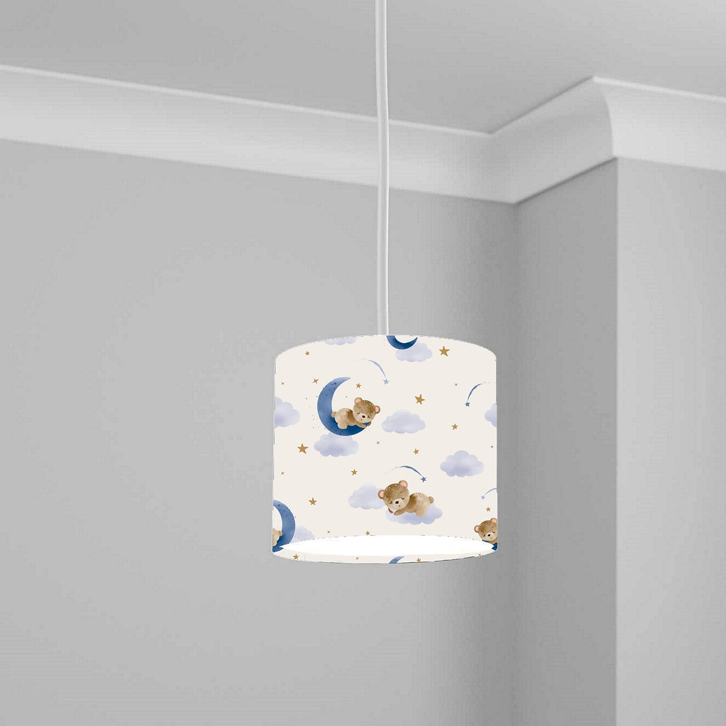 Sleeping Teddy on Moon Ceiling Lampshade Lightshade for Nursery - Blue and Gold Stars 20cm x 18.5cm