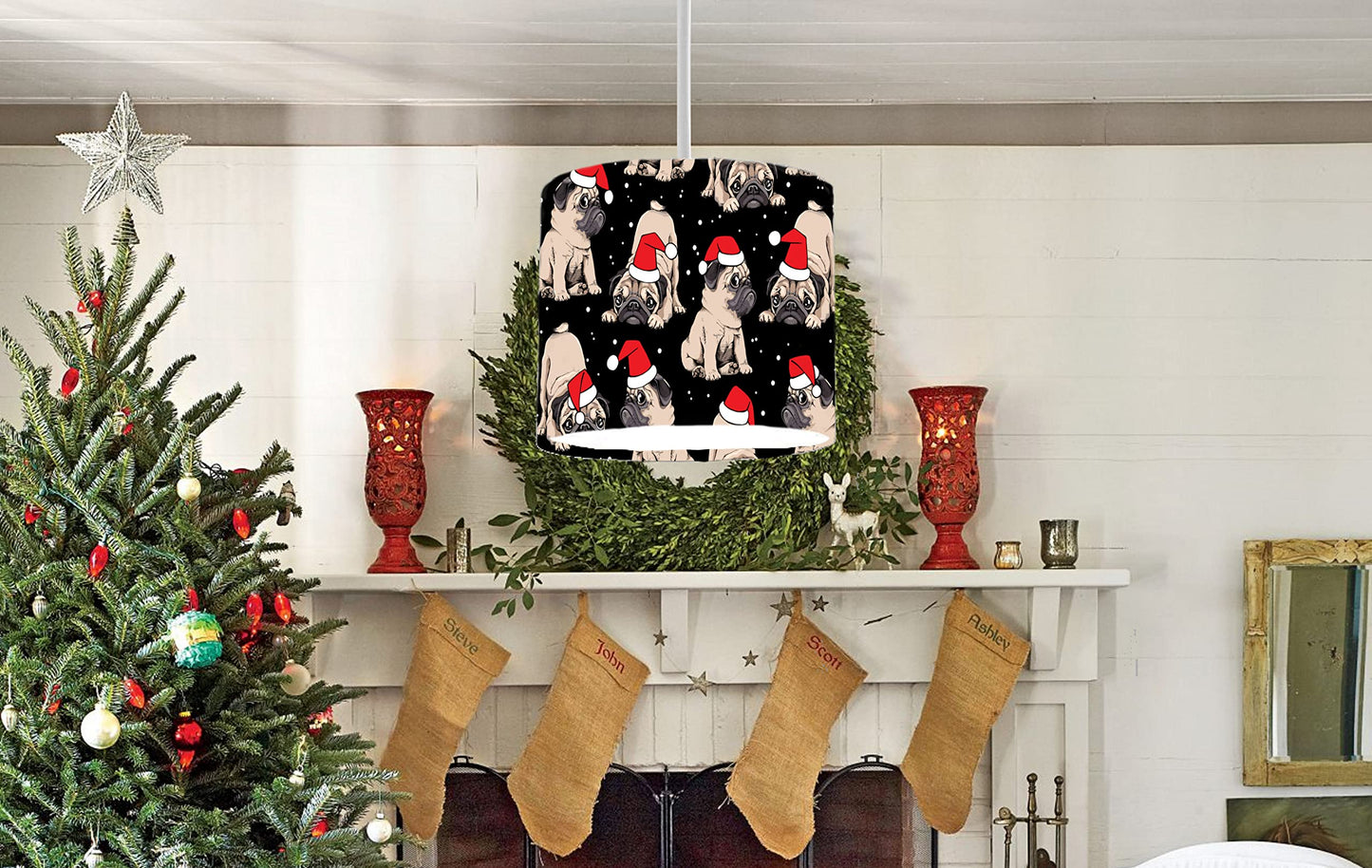 Festive Pug Christmas Ceiling Lampshade Lightshade for Room - 20cm x 18.5cm