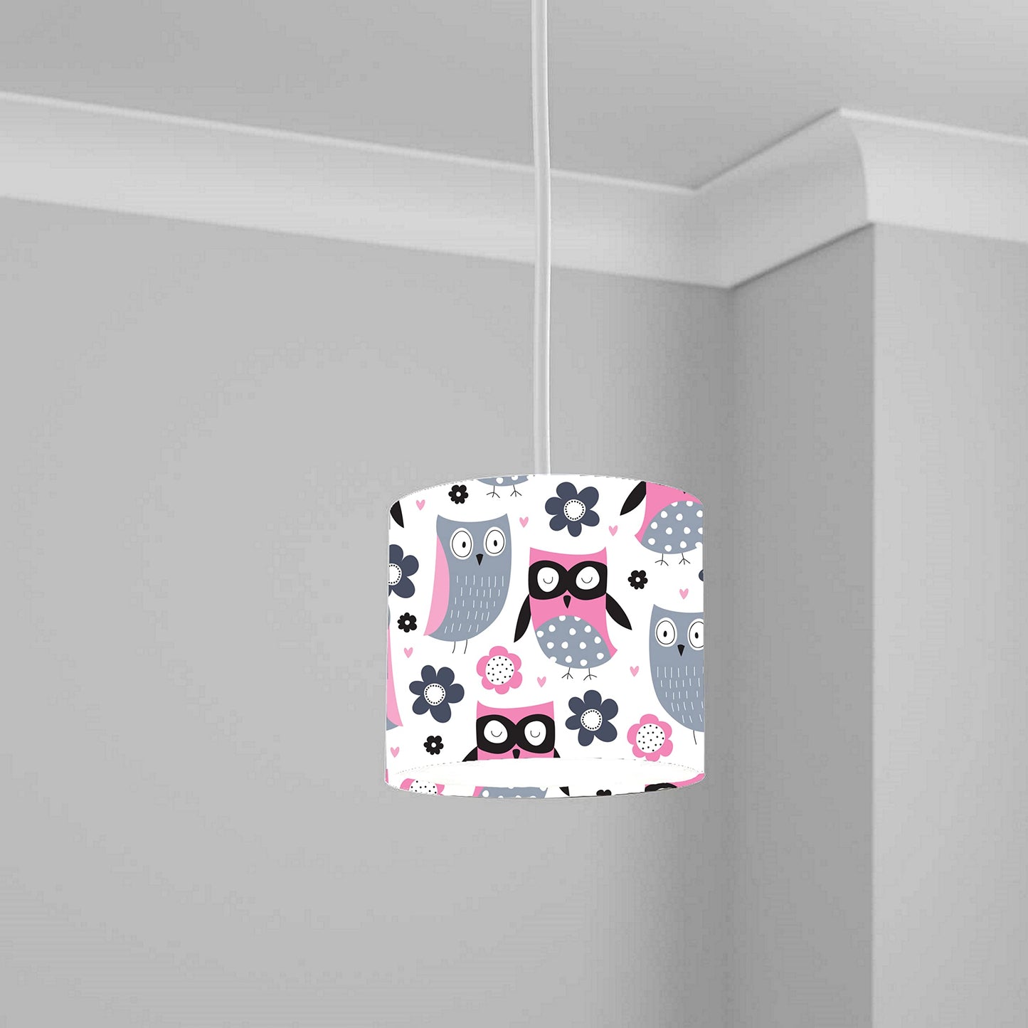 Pink Owl and Flower Pattern Ceiling Lampshade Lightshade for Nursery - 20cm x 18.5cm