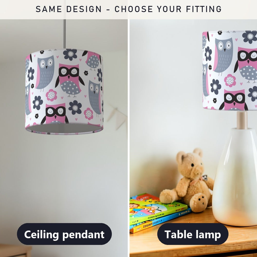 Pink Owl and Flower Pattern lampshade