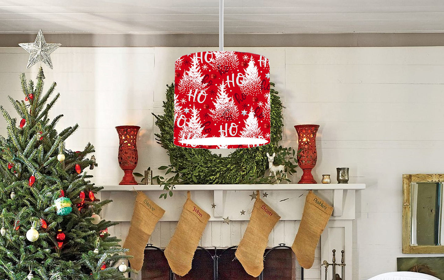 Red Christmas Tree & Ho Ho Pattern Ceiling Lampshade Lightshade for Festive Room Decor - 20cm x 18.5cm