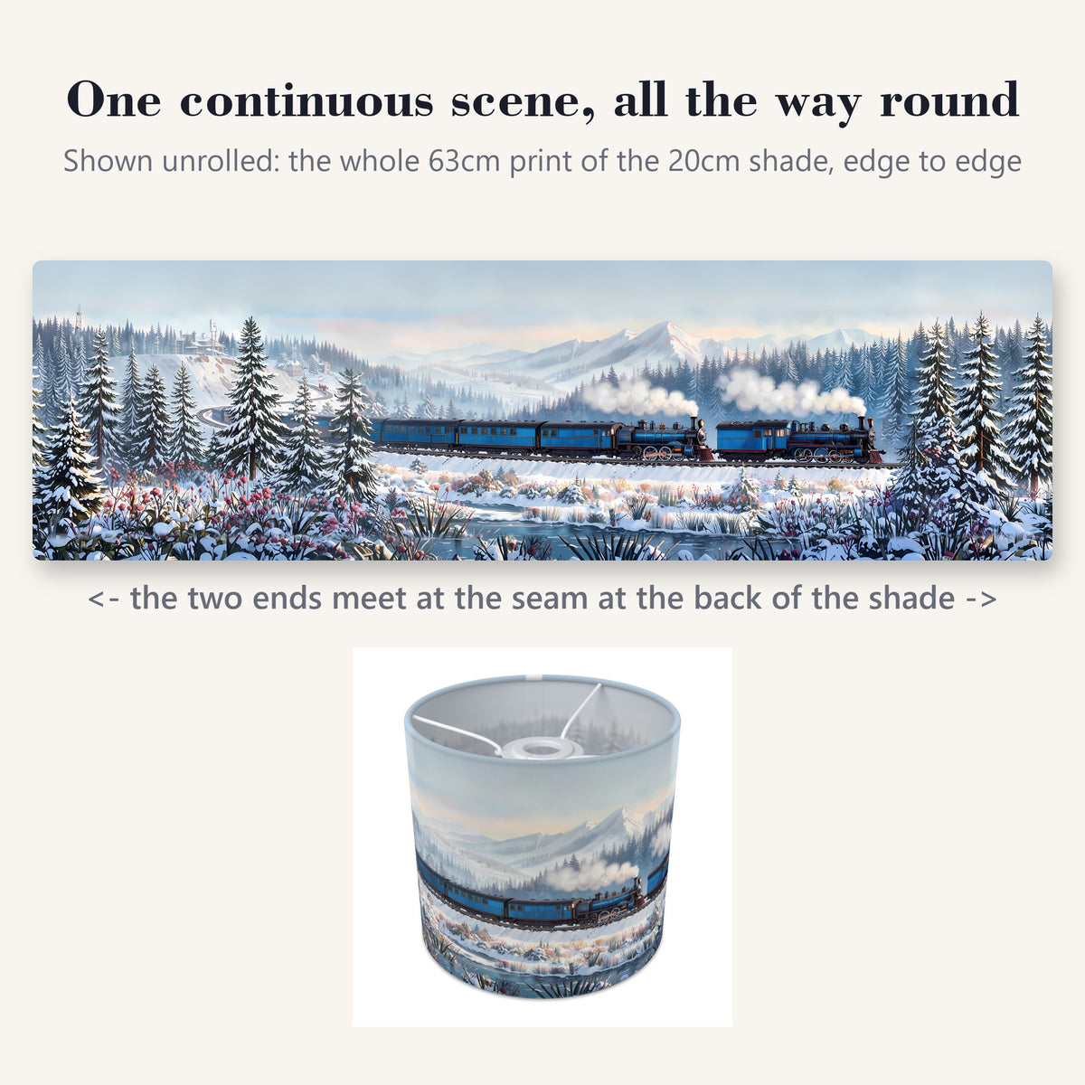 Steam Train Journey wraparound lampshade - Snowy Express