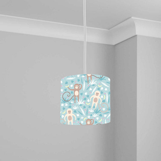 Playful Jungle Monkey Ceiling Lampshade Lightshade for Nursery - Blue Animal Print - 20cm x 18.5cm