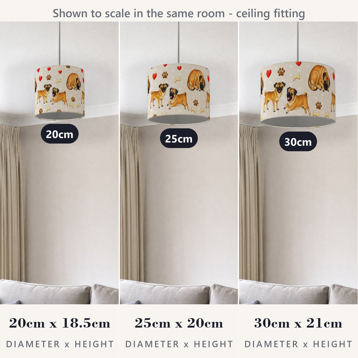 Cream Pug Love lampshade - 20cm x 18.5cm Ceiling - photo 4
