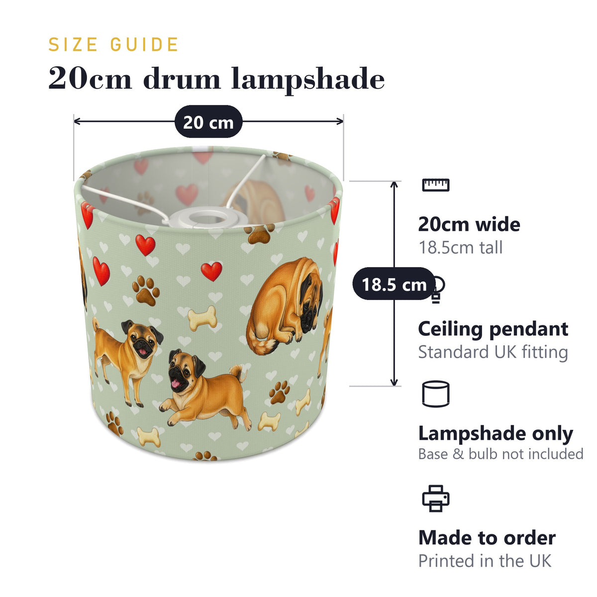 Sage Pug Love lampshade - 20cm x 18.5cm Ceiling - photo 7