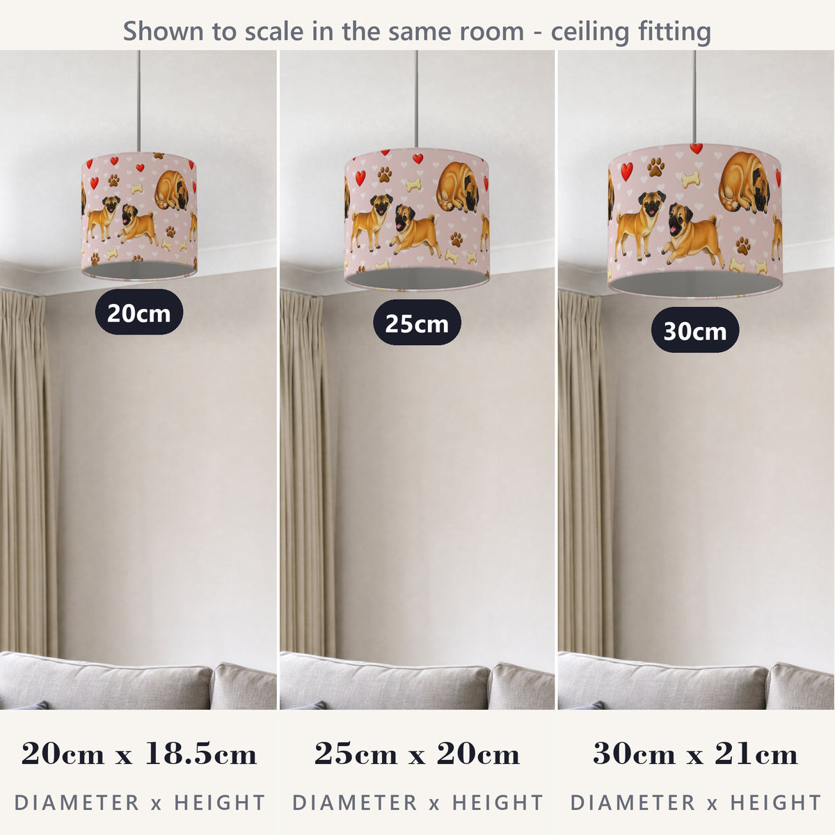 Blush Pug Love lampshade - 20cm x 18.5cm Ceiling - photo 4