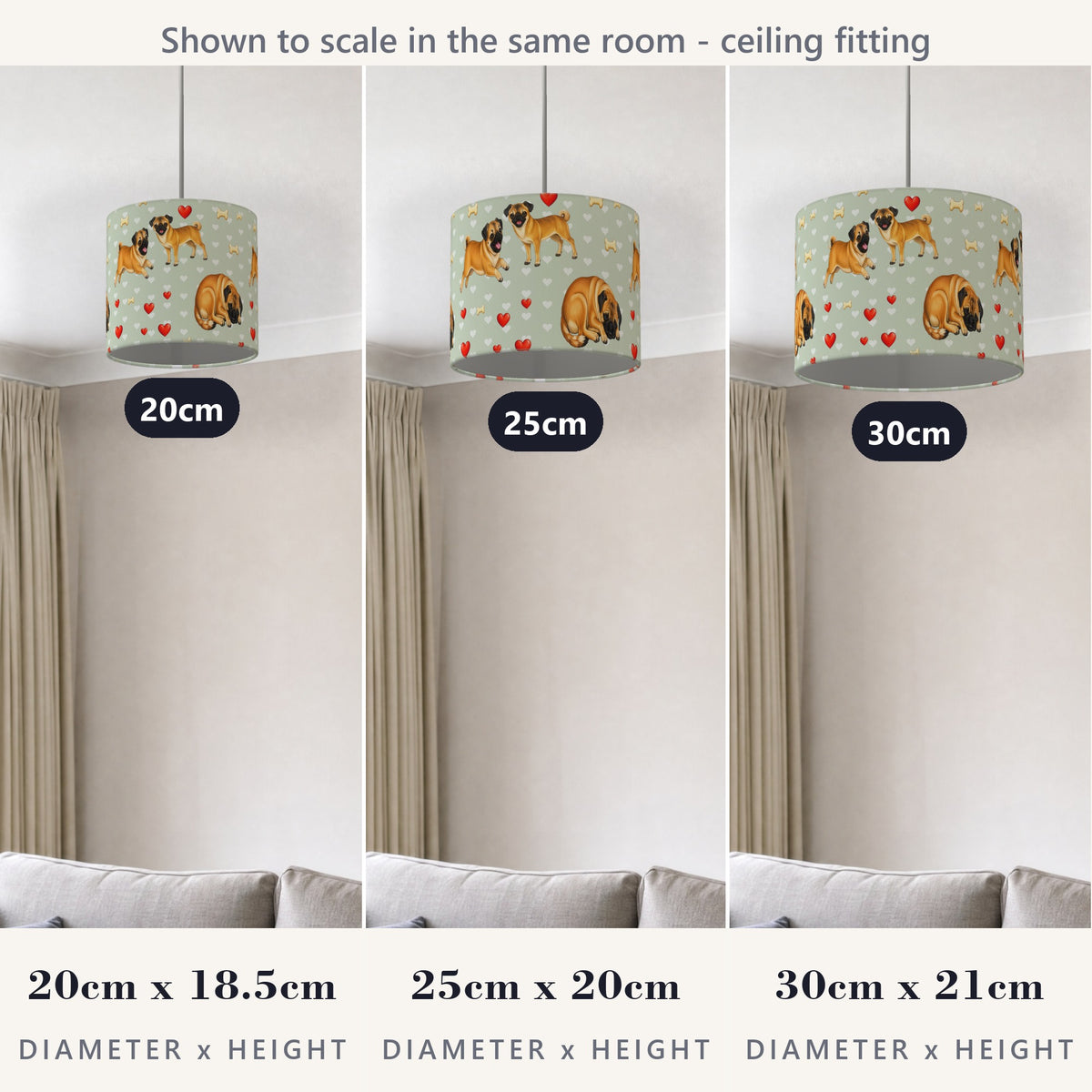 Sage Pug Love II lampshade - 20cm x 18.5cm Ceiling - photo 4