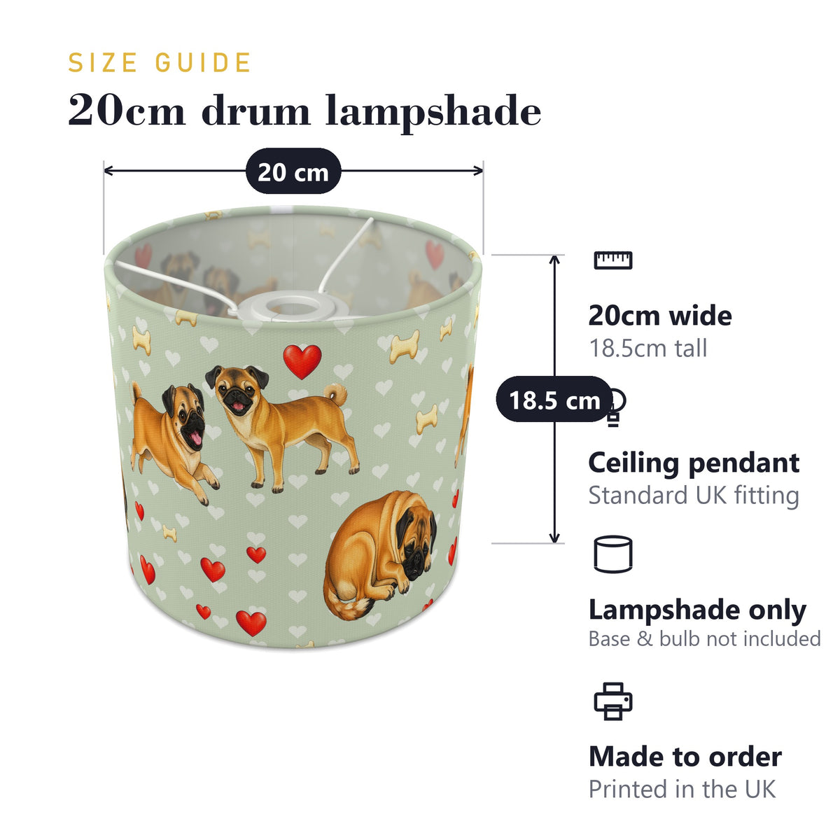 Sage Pug Love II lampshade - 20cm x 18.5cm Ceiling - photo 7