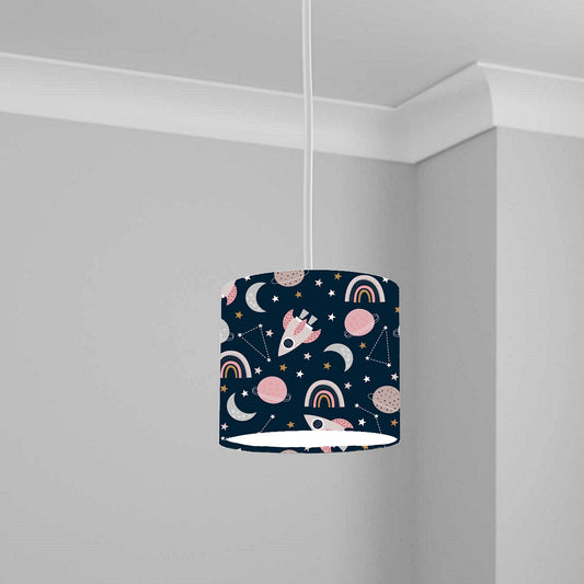Pink Space Rocket and Rainbow Ceiling Lampshade Lightshade for Nursery - 20cm x 18.5cm
