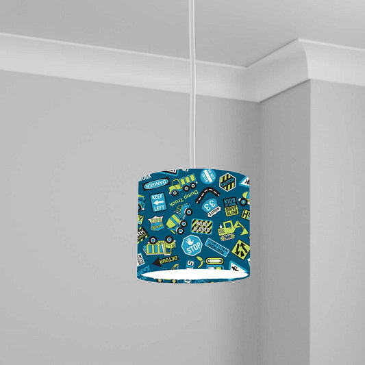 Blue Road Signs Truck Digger Ceiling Lampshade Lightshade for Nursery - 20cm x 18.5cm