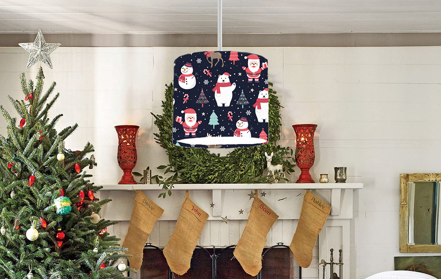 Festive Polar Bear & Santa Christmas Ceiling Lampshade Lightshade for Room - 20cm x 18.5cm