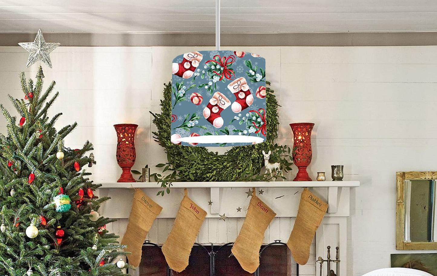 Festive Stockings and Baubles Christmas Ceiling Lampshade Lightshade for Room - 20cm x 18.5cm