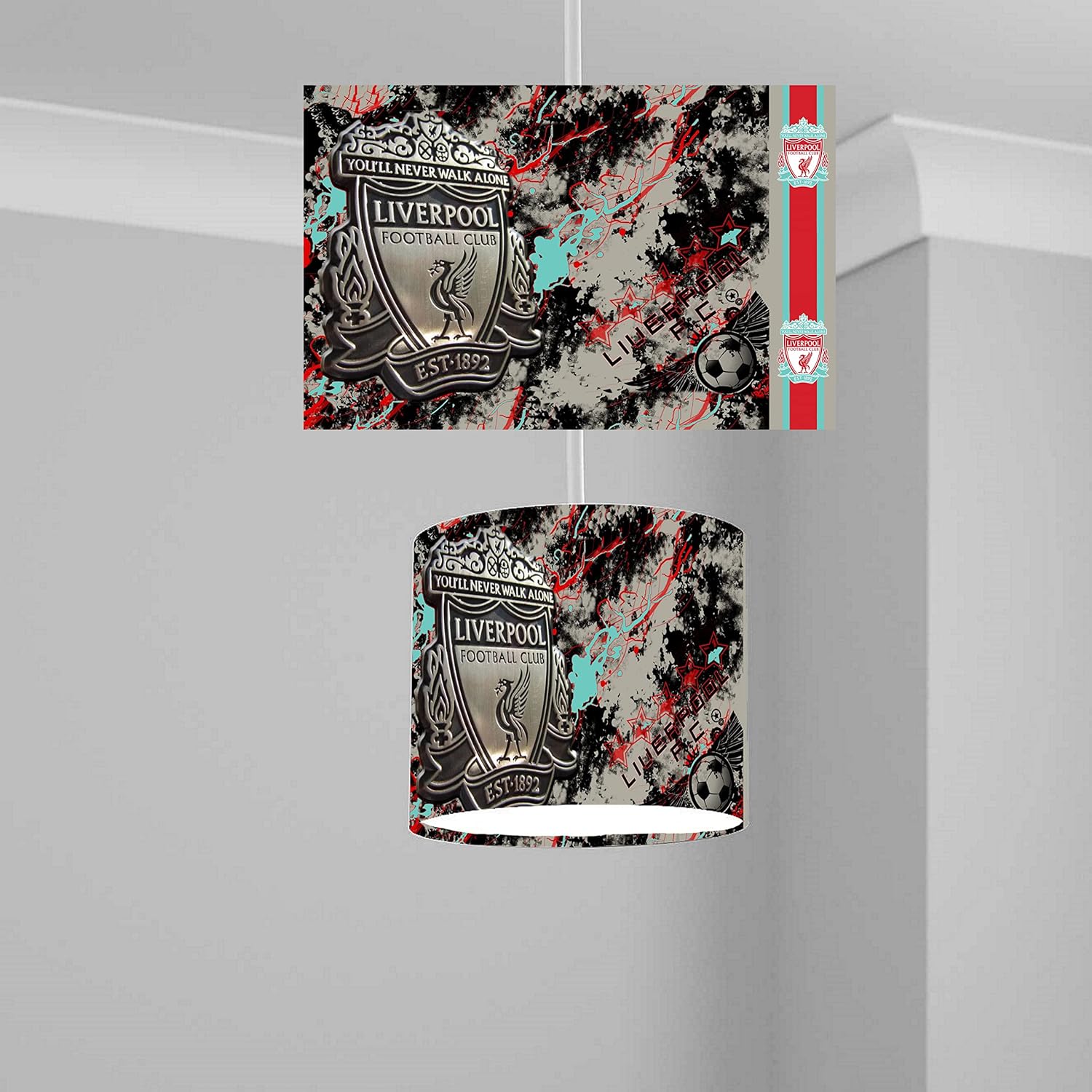 Liverpool Badge Lampshade, 20CM X 18.5CM, Black with Multi Design, Red and White Shade, Gloss Fabric, Metal Frame, Drum Shape, Ceiling Mount