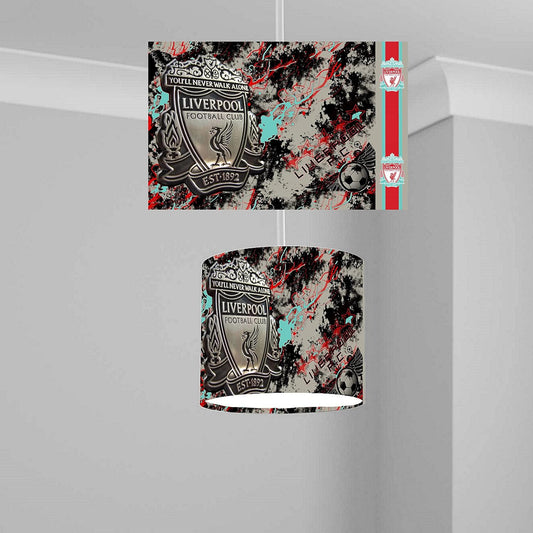Liverpool Badge Lampshade, 20CM X 18.5CM, Black with Multi Design, Red and White Shade, Gloss Fabric, Metal Frame, Drum Shape, Ceiling Mount