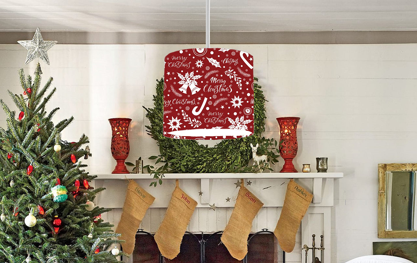 Festive Red Christmas Baubles and Bells Ceiling Lampshade Lightshade for Room - 20cm x 18.5cm