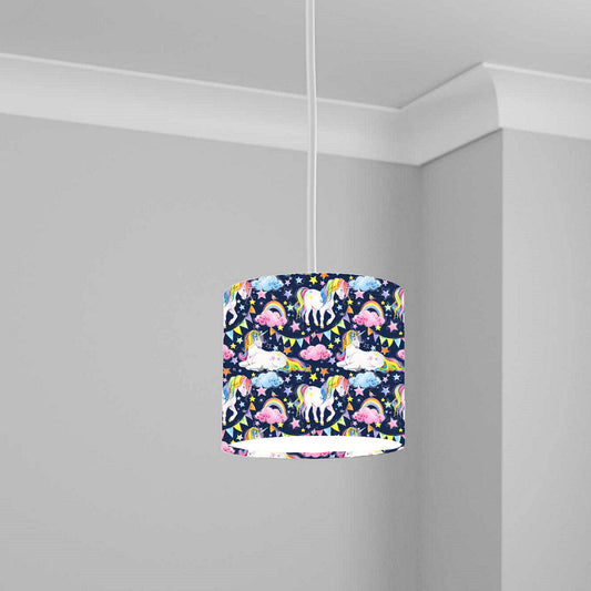 Enchanting Unicorn and Rainbow Ceiling Lampshade Lightshade for Kids Room - Pink and Blue Fantasy Theme - 20cm x 18.5cm