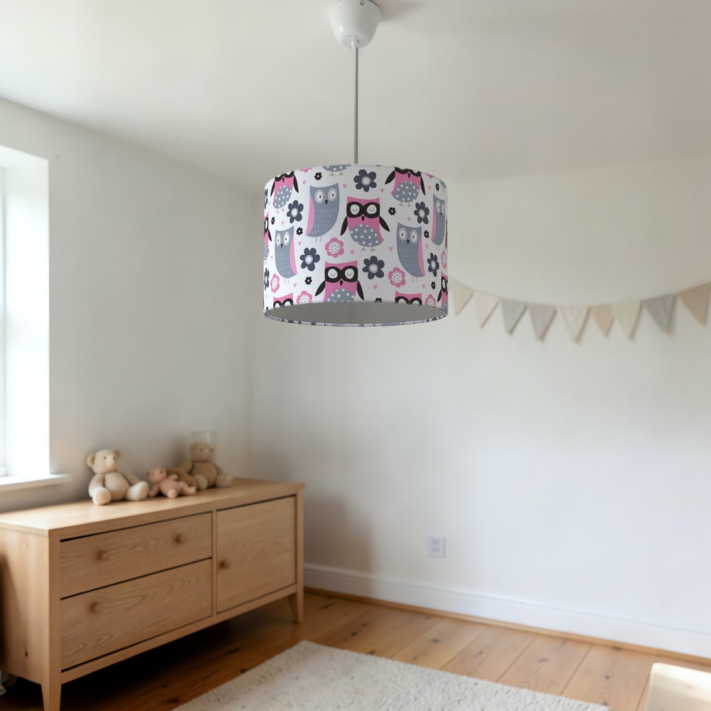 Pink Owl and Flower Pattern lampshade