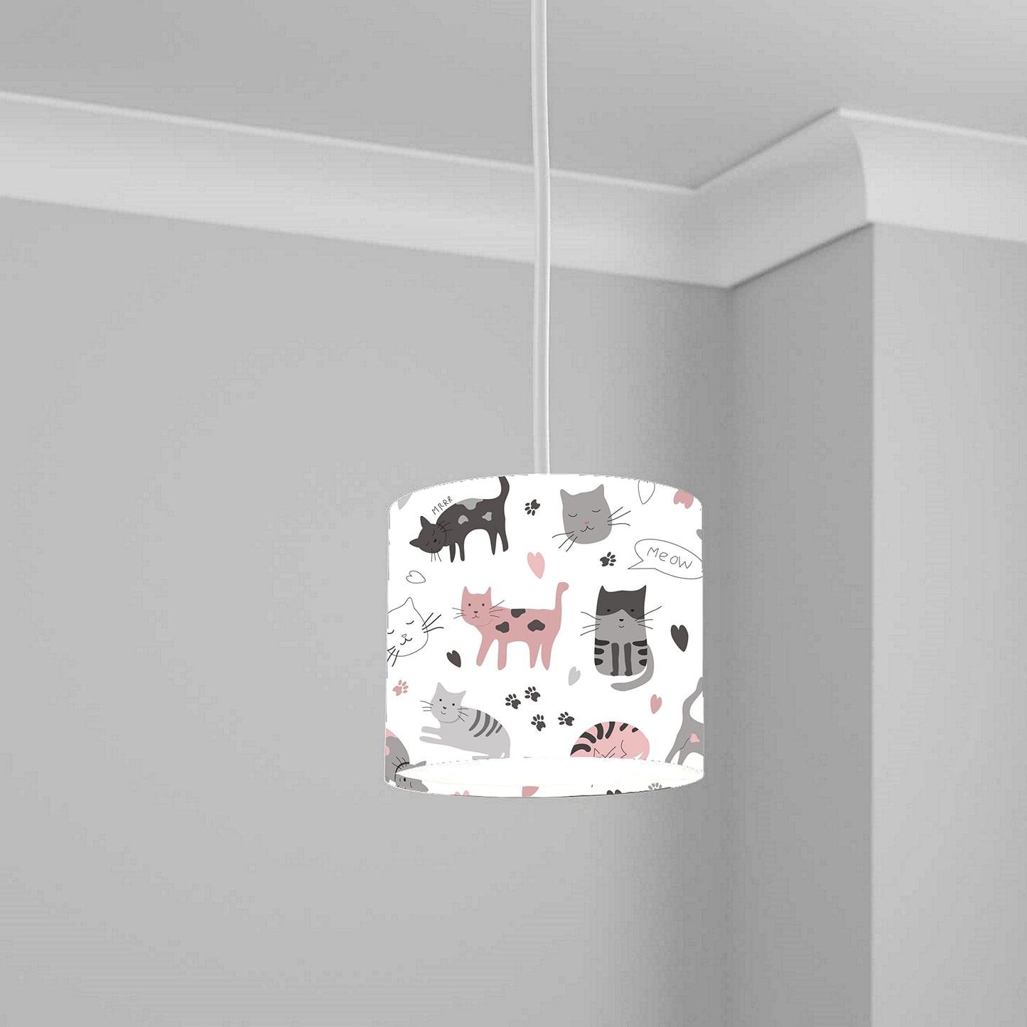 Cute Cat Pattern Ceiling Lampshade Lightshade for Nursery - Pink and Grey Kittens Design 20cm x 18.5cm