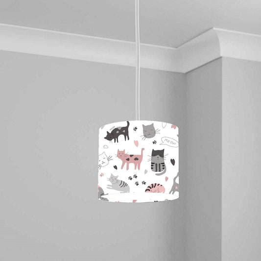 Cute Cat Pattern Ceiling Lampshade Lightshade for Nursery - Pink and Grey Kittens Design 20cm x 18.5cm