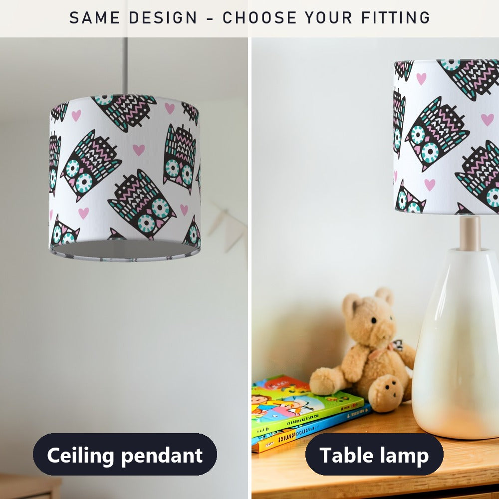 Pink and Teal Owl Heart Pattern lampshade