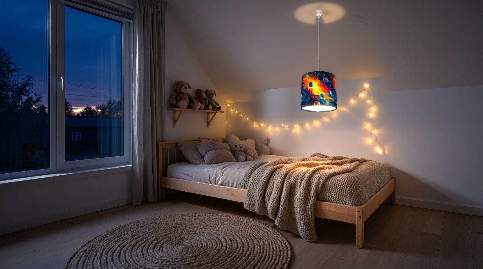 A child's bedroom at dusk, lit by a space galaxy lampshade hanging over the bed
