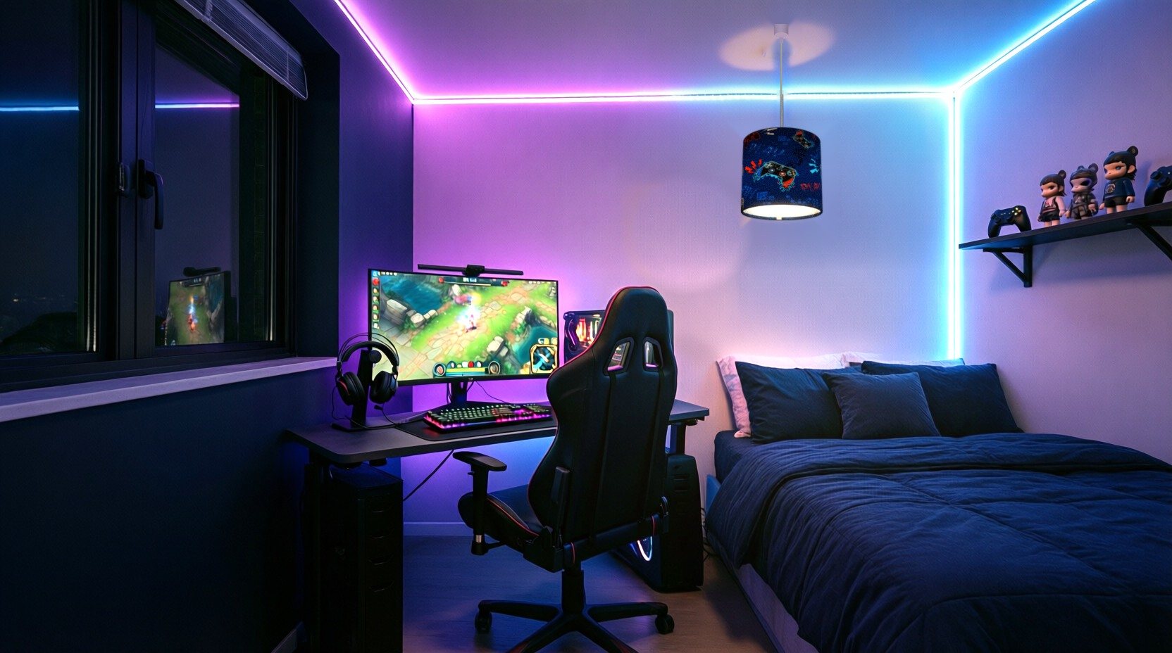 A gaming controller lampshade glowing in a teenager's gaming bedroom at night