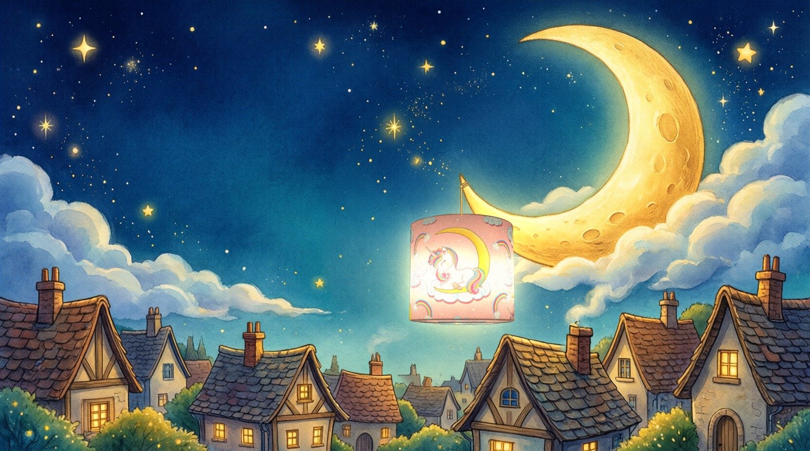 A unicorn moon lampshade hanging on a golden thread from the tip of a crescent moon over a sleepy town
