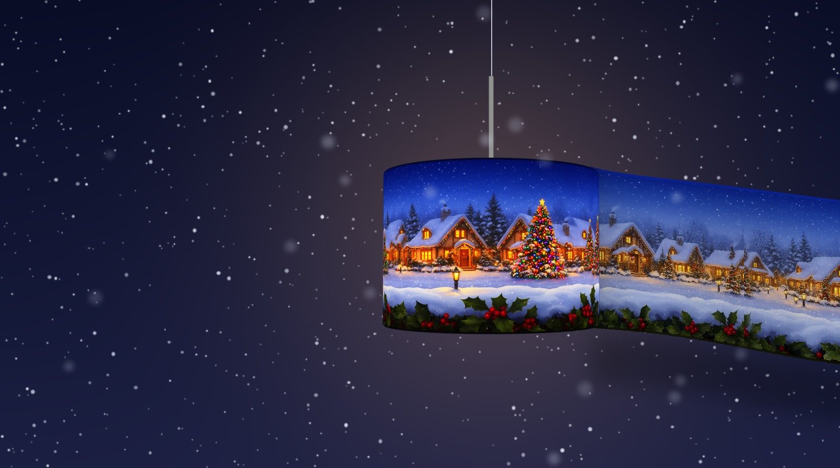 A glowing Christmas village lampshade with the rest of its printed scene unrolling off the shade like a ribbon
