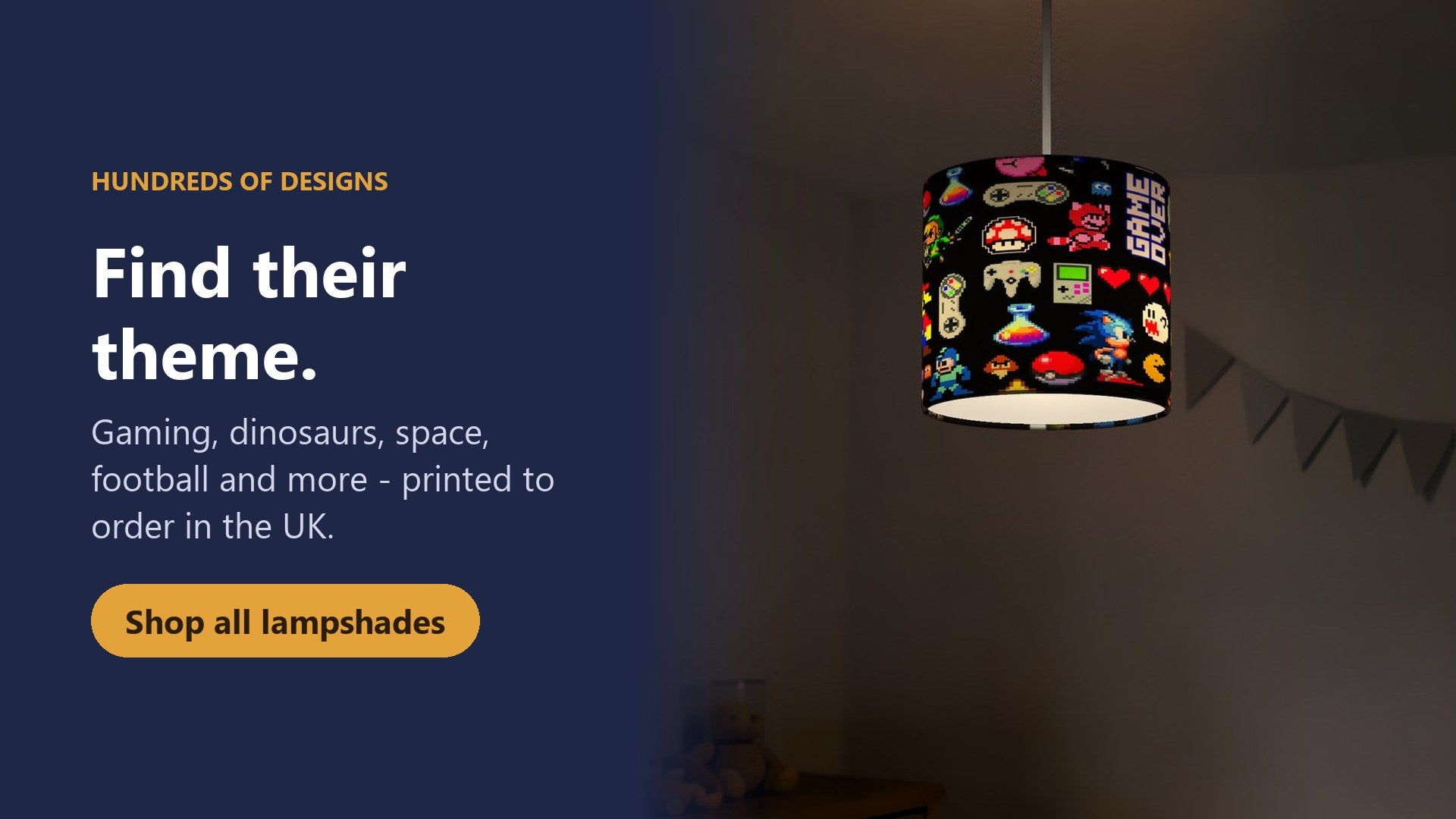 Find their theme - retro gaming lampshade glowing in a dark bedroom. Shop all lampshades