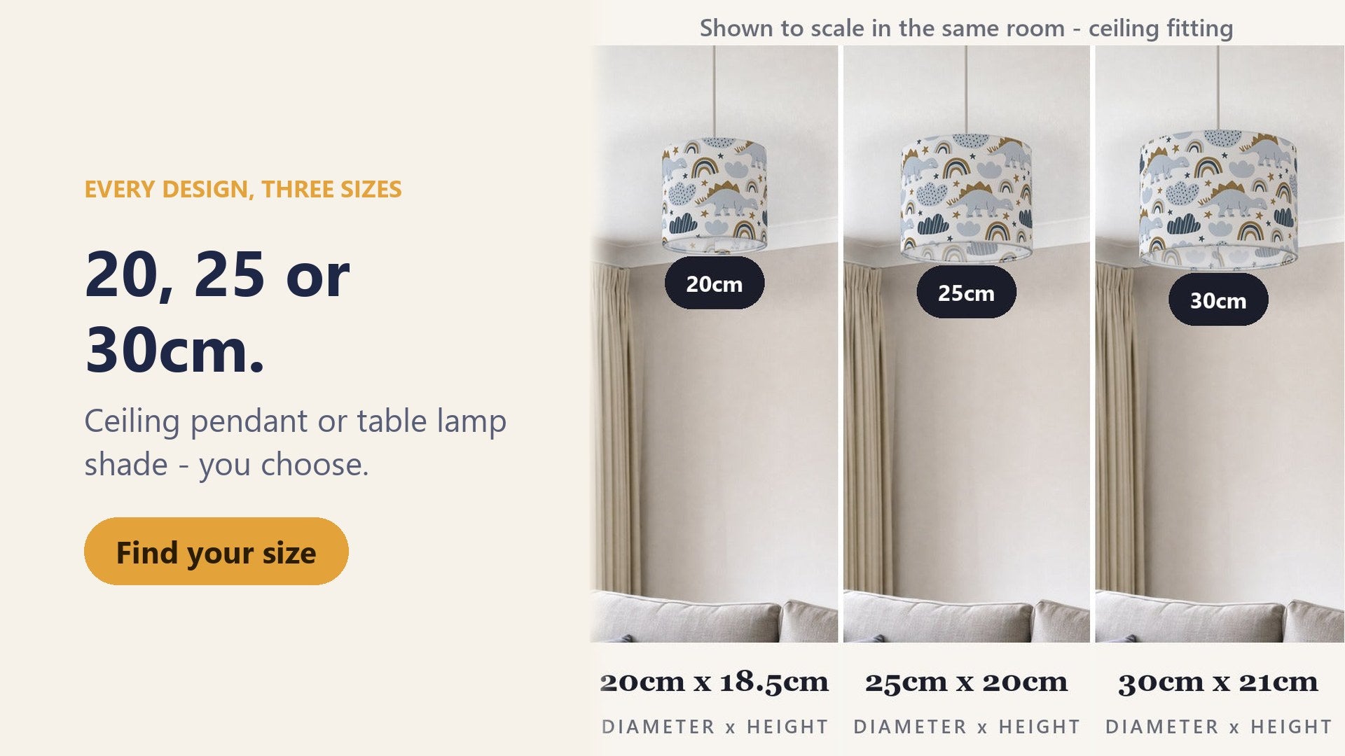 20, 25 or 30cm - the same dinosaur lampshade in three sizes, ceiling or table. Find your size
